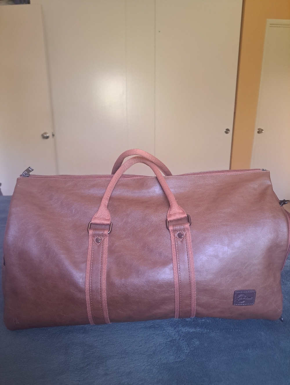 Men's Tan Leather Duffel Bag with Carry Handles